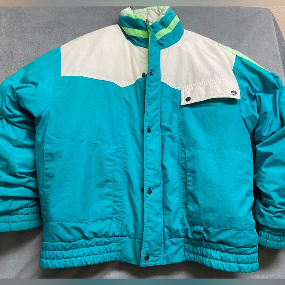 Vintage Steep Slopes Puffer Jacket Blue White Yellow 80s Snow - Womens Medium - Picture 10 of 16